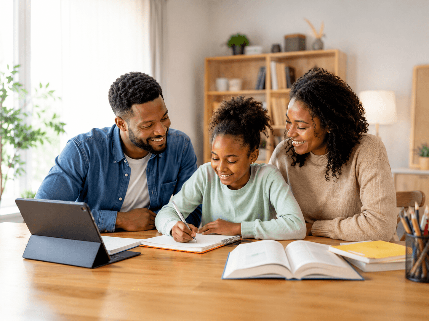 Family reviewing a guided Cambridge learning pathway together